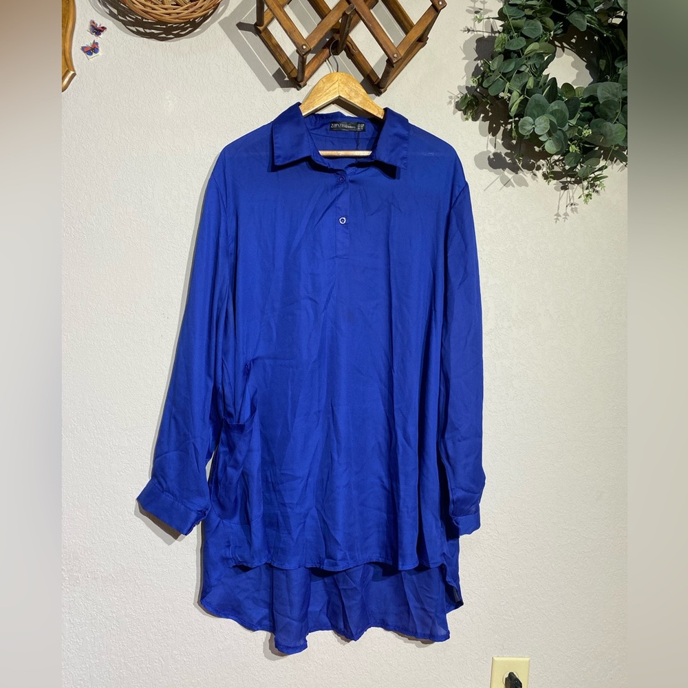 Zanzea collection royal blue long sleeved quarter button popover tunic/3X